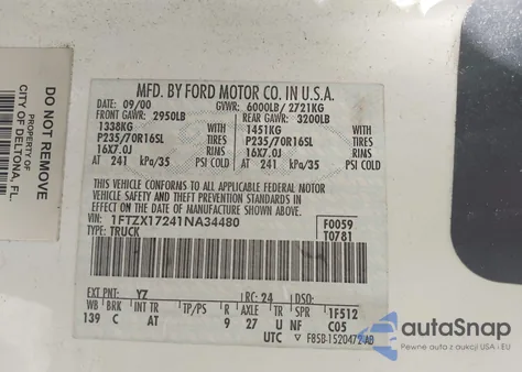 2001 Ford F-150 Xl/Xlt из США, поврежденный, VIN 1FTZX17241NA34480